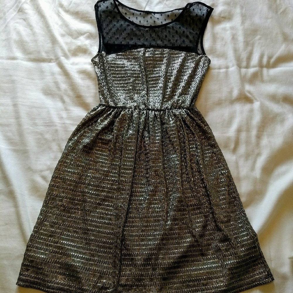 Metallic gold cocktail dress sheer neckline